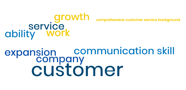 A word cloud. Listed are the words ability, service, growth, work, expansion, company, customer, and communication skills.